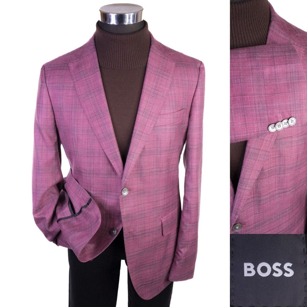 BOSS Hugo Boss Blazer Sport Coat Sz 42R Wool/Silk/Linen Pink Plaid Jacket EUC